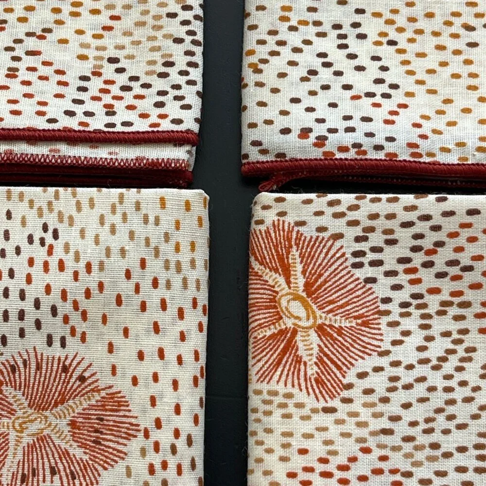 4 VTG Dinner Napkins MCM 2 Prints Dot Floral Brown Rust Tan 16